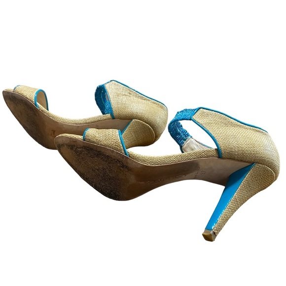 OSCAR DE LA RENTA - OPEN TOE BEIGE RAFFIA & TURQUOISE PATENT LEATHER - SZ 37 S8 - Picture 9 of 14
